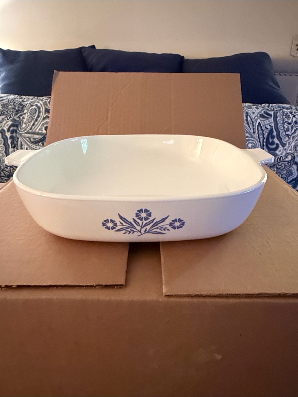 Corningware White Ceramic Baking Casserole with Blue Floral Motif